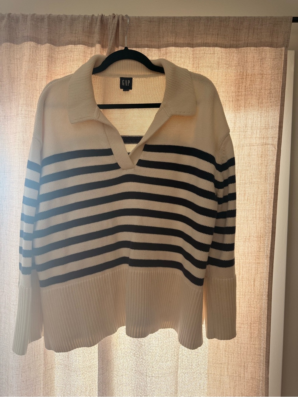GAP Cream and Black Striped V‑Neck Collared Sweater